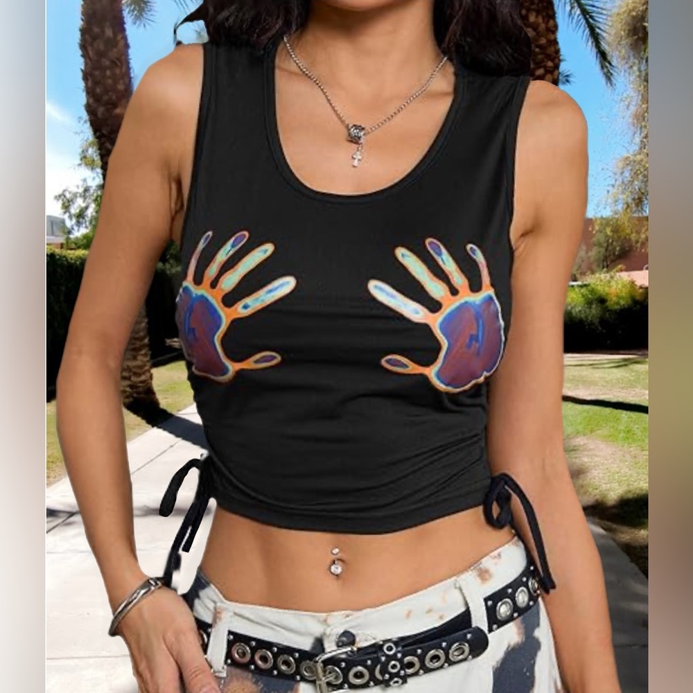 Hands on Chest Print Drawstring Ruched Crop Tank Top